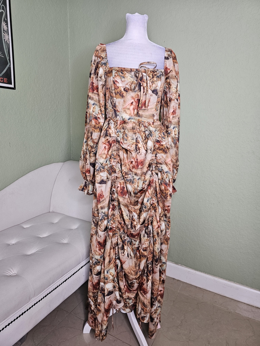 SHEIN Beige Multi Renaissance Print Long Sleeve Maxi Dress
